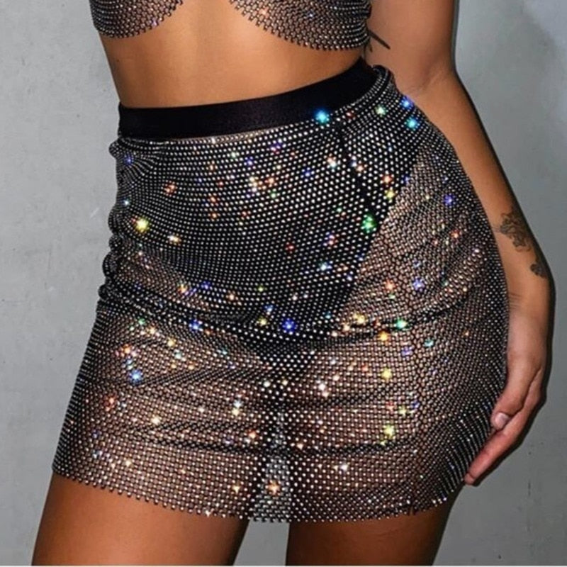 sixsr Sexy Crop Top Women Two Piece Set Festival Beach Club Outfits Party Tank Top T Shirt Woman Halter Rhinestones Tops Summer