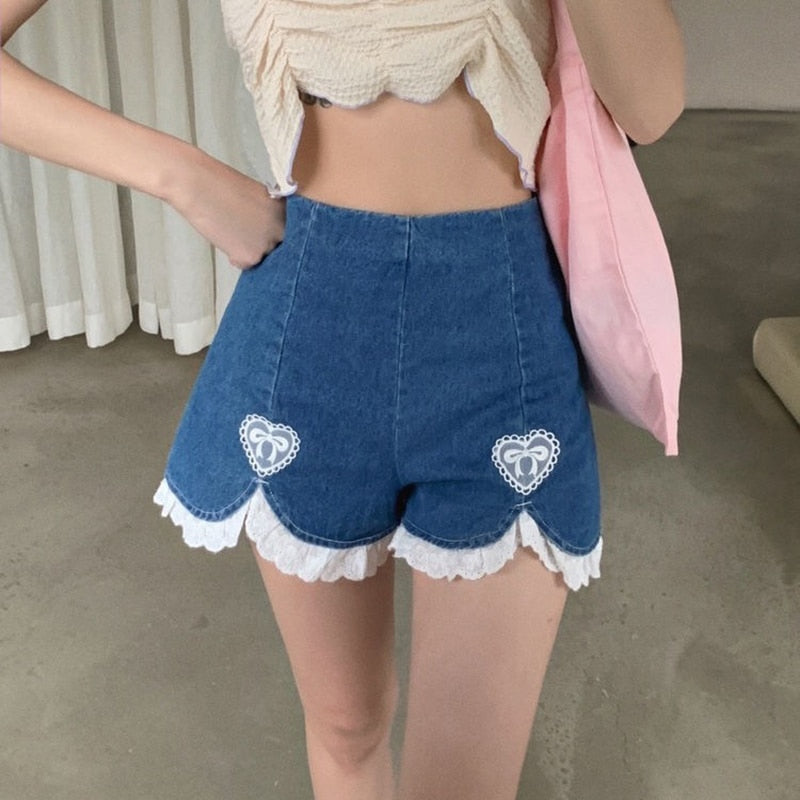 sixsr Summer Outfits  Trends Cute Lolita Girls Denim Shorts Japanese Sweet High Waist Lace Irregular Women's Shorts S-4XL Summer Kawaii Sexy Blue Shorts