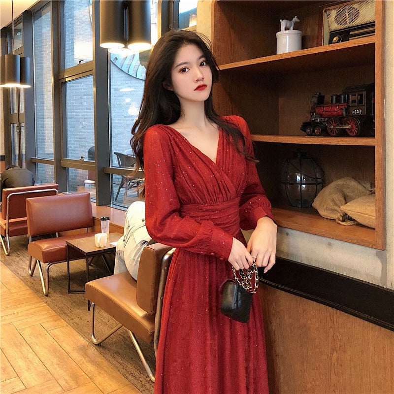 Sixsr Women Dress Autumn V-Neck Long Sleeve Shiny Midi Dress A-Line Evening Night Party Elegant Dress Red Black Pink vestidos
