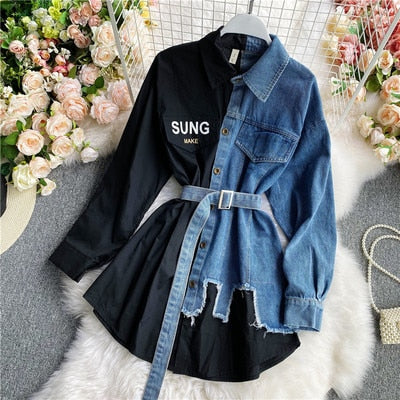 Sixsr Women's Blouse Autumn Long Sleeve Shirt Tops Jeans Patchwork Plaid Blouses Elegantes Blusas para mujer Slim Shirt Dress