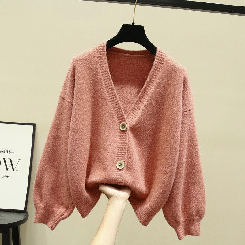 Sixsr Oversized Cardigan Women Spring Casual Solid V Neck Long Sleeve Cardigan Sweater Female Knit Jacket Coat Green Pink