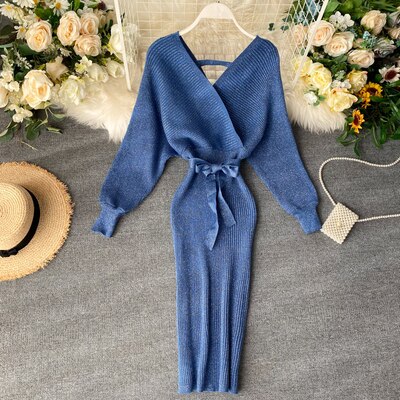 Sixsr Sparkling Sexy Party Dress Woman Sweater Elegant Slim V-Neck Basic Knitted Green Vintage Dresses Female Autumn Winter Bat Sleeve