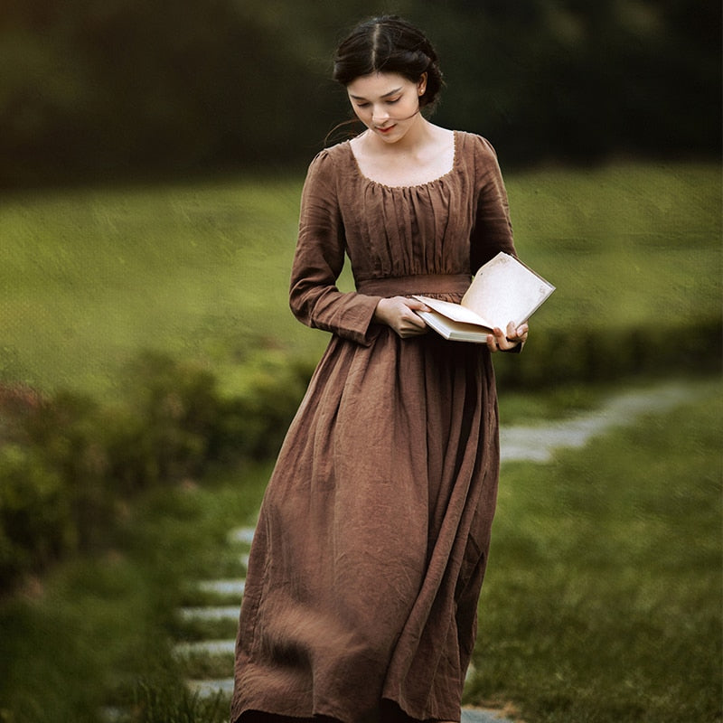 sixsr Spring Autumn Women 100%Linen Coffee Long Dress Ladies Victoria Royal Vintage Elegant Long Sleeve High Waist Dress robe longue