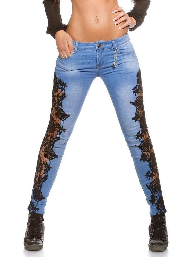 Plus Size 3XL Lace Floral Crochet Hollow-Out Jeans Autumn Women Elegant Sexy Denim Pencil