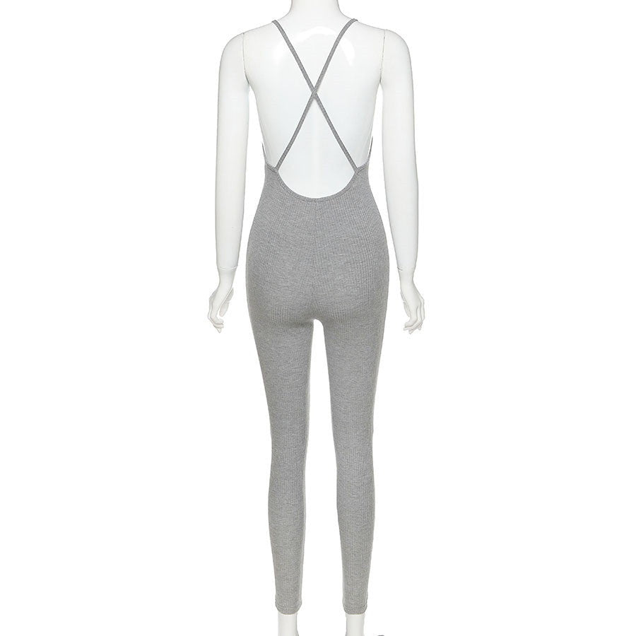 Sixsr v-neck skinny sexy jumpsuit women summer hollow out partywear halter sleeveless streetwear outfit fitness backless