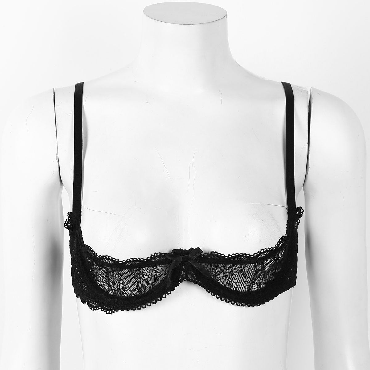 sixsr Women See Through Sheer Lace Hollow Out Lingerie Adjustable Spaghetti Shoulder Straps Open Cups Bra Push Up Underwire Bra Tops