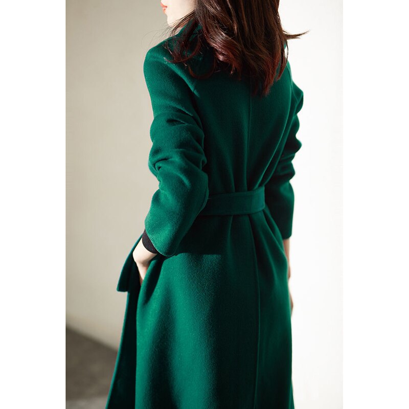 Sixsr Women Elegant Retro Wool Coat with Belt Winter Warm Overcoat Outwear Plus Size Female Korean High Quality Green Blends Coat