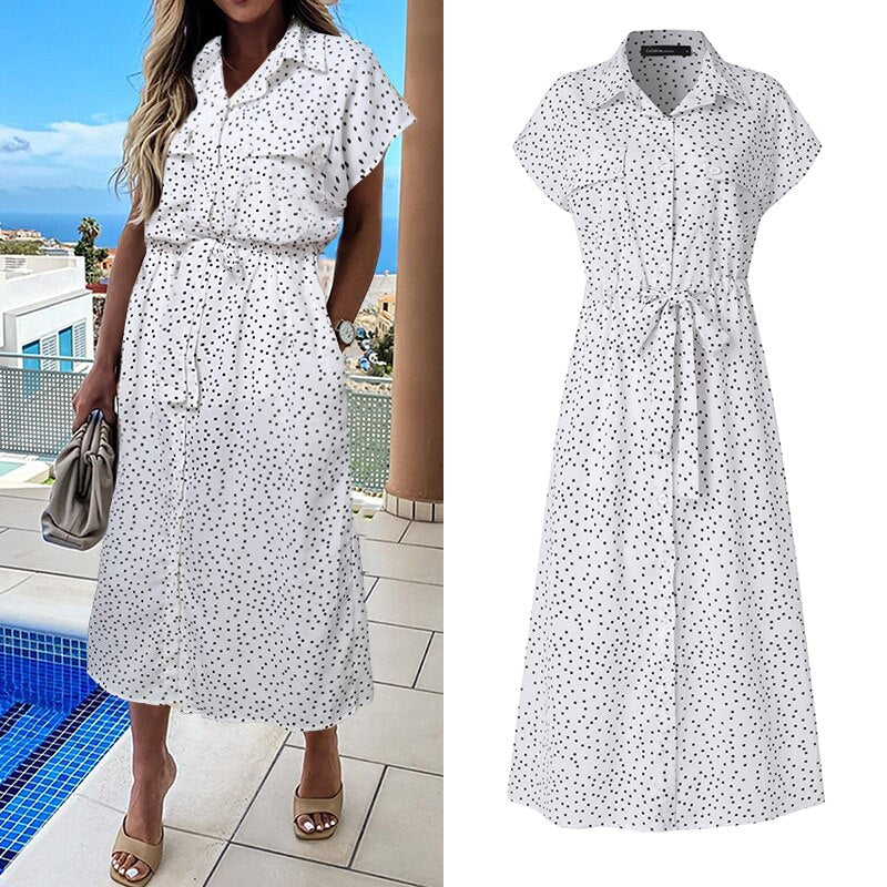 Sixsr Summer Sundress Women Elegant Dress Plus Size Short Sleeve Casual Loose Buttons High Waist Work Midi Vestidos Robe
