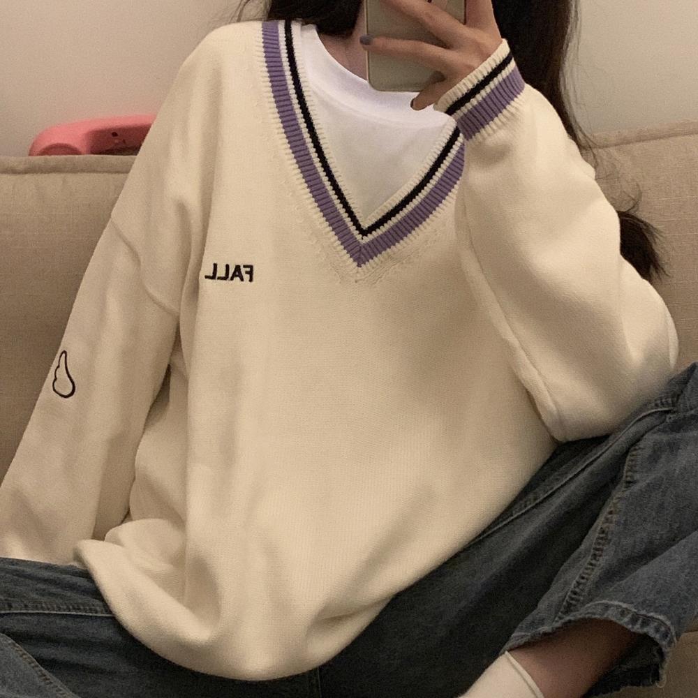 Sixsr  Fashion Trends Sweaters Women Ulzzang Letter Chic Vintage V-neck Daily Oversize Preppy Girls Knitwear Fall Casual All-match Ins Womens Sweater