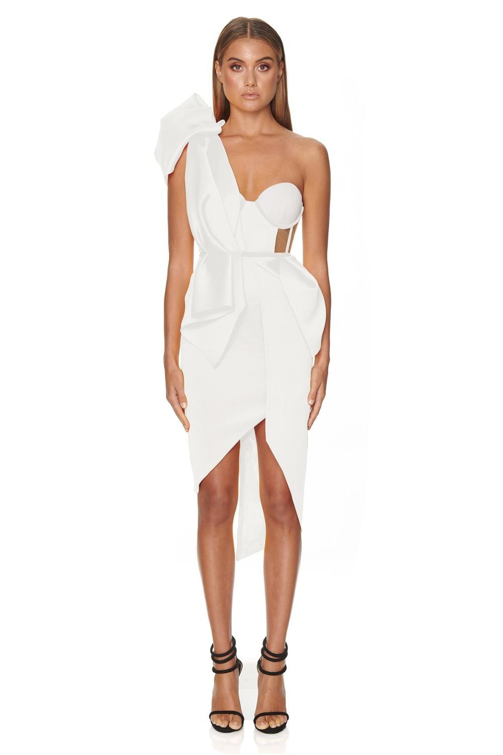 sixsr New Summer Fashion Women Bodycon Dress One Shoulder Bow Mesh Ruffle Sleeveless Bandage Dress Celebrity Party Evening Sexy