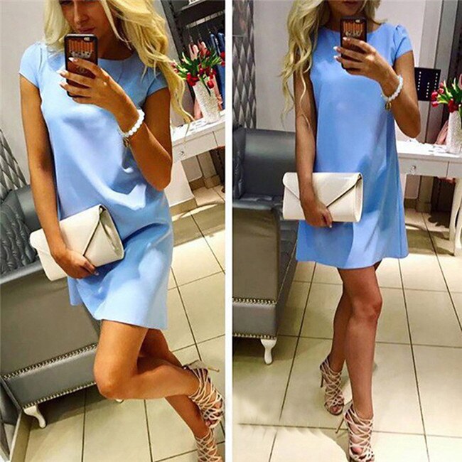 Sixsr Women Female Short Sleeve Loose Mini Short A-line Dresses Summer Beach Casual Dress Candy Color S-XXL