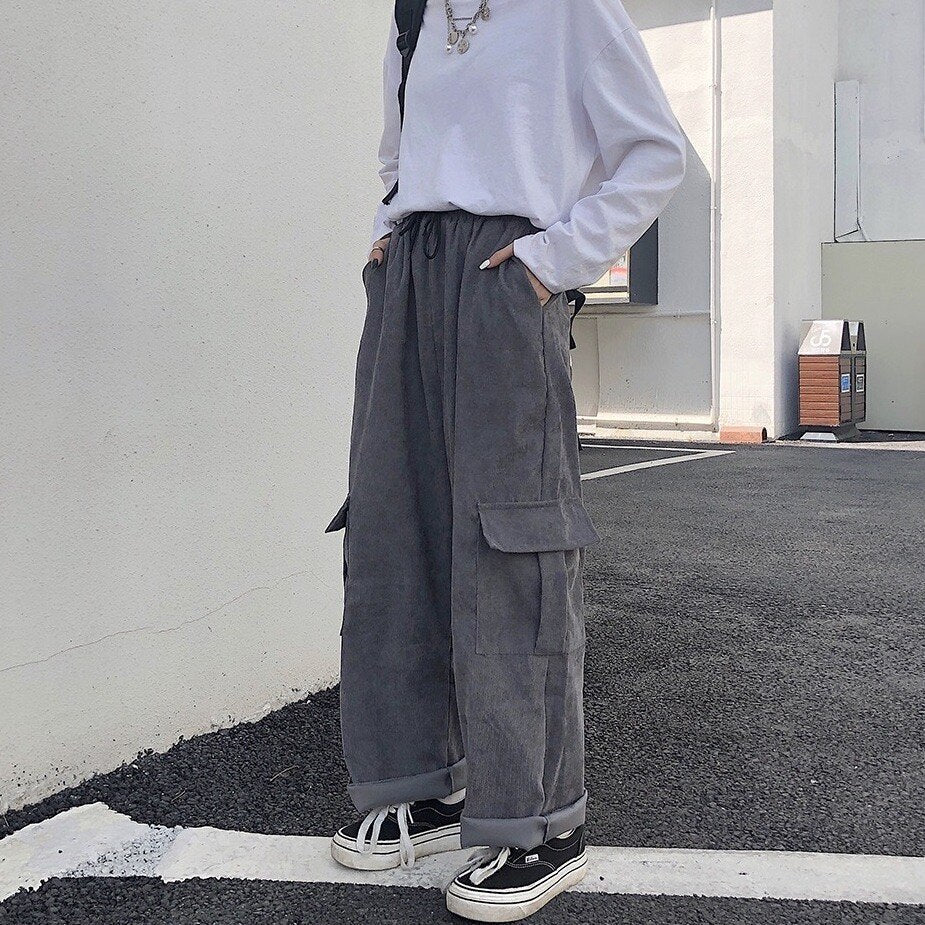 sixsr Summer Outfits Trends Women's Cargo Pants Corduroy Wide Leg Pocket Jogger Trousers Autumn Winter Casual Loose Streetwear Harajuku Harem Pant Females