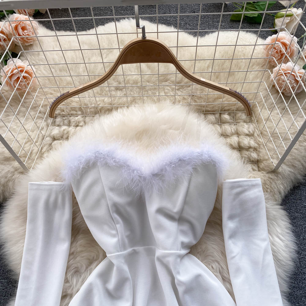 Sixsr Gifts For Women Elegant Dress For New Year Strapless Backless Furry Sexy Short Mini Christmas Dress Navidad Red Party Dress Femme