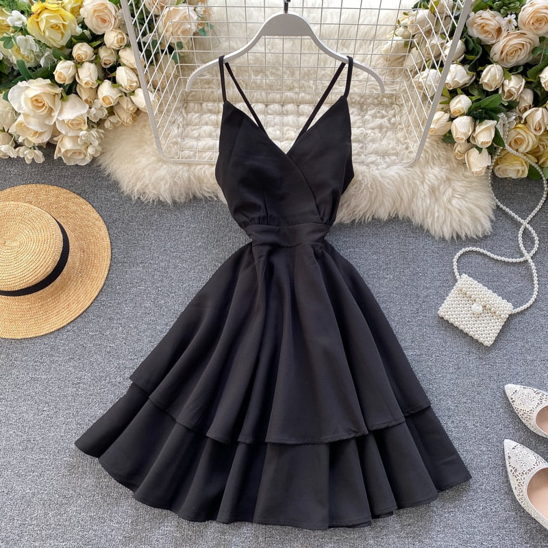 Sixsr Summer Spring Beach Holiday V-Neck Backless Lace Up Ruffles Cakes Solid Elegant Women Lady A-line High Waist Dress
