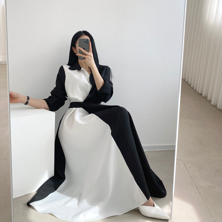 Sixsr Spring Autumn Retro Temperament Contrast Color Lapel Long-Sleeved Shirt Female Midi Dress Korean Elegant Fashion Slim Chic Dress
