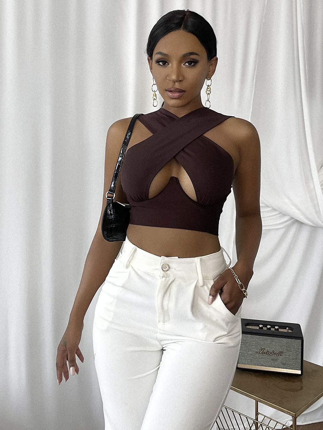 sixsr Women's Criss Cross Tank Tops Sexy Sleeveless Solid Color Cutout Front Crop Tops Party Club Streetwear Summer Lady Bustier Tops
