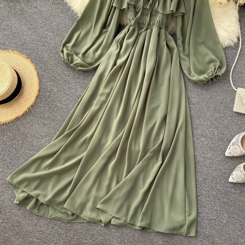 Sixsr Woherb Chic Elegant Square Collar Maxi Dress Women Solid Chiffon Puff Sleeve Dresses Korean Fashion Vintage Ruffle Vestidos