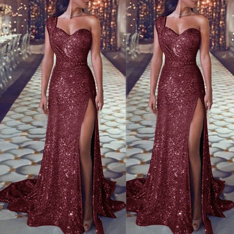 sixsr Big 5XL Fashion Women Dress Sequin Prom Party Fork Opening Ladies Dresses Ball Gown Sexy Gold Evening V-Neck Long Women Dress
