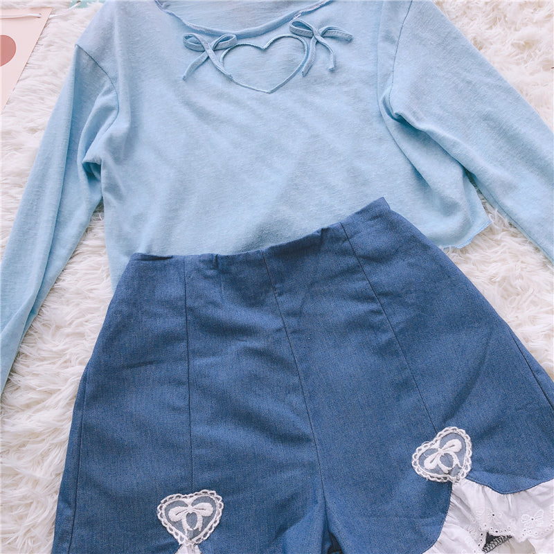 sixsr Summer Outfits  Trends Cute Lolita Girls Denim Shorts Japanese Sweet High Waist Lace Irregular Women's Shorts S-4XL Summer Kawaii Sexy Blue Shorts