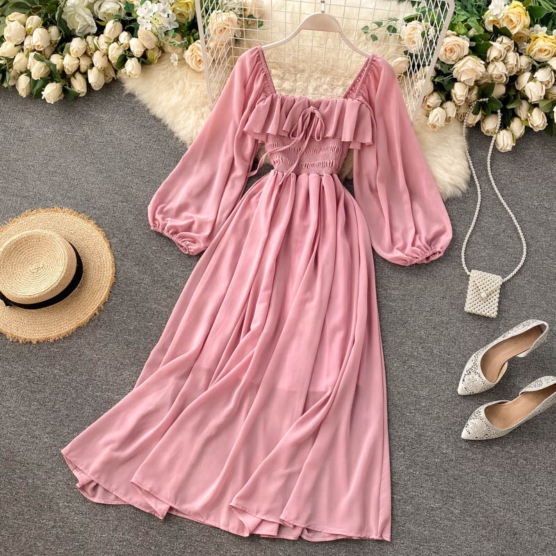 Sixsr Woherb Chic Elegant Square Collar Maxi Dress Women Solid Chiffon Puff Sleeve Dresses Korean Fashion Vintage Ruffle Vestidos