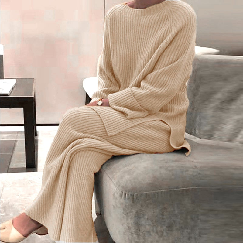 Sixsr New Fashion Homewear Women Soft 2 Piece Set Autumn Winter Solid O Neck Pullover Tops Knitted Pants Elegant Lady Pajama Home Suit