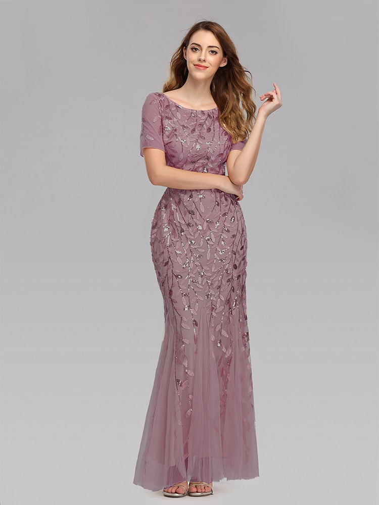 sixsr Plus Size Evening Dresses Mermaid O Neck Short Sleeve Lace Appliques Tulle Long Party Gown Robe Soiree Sexy Formal Dress vestido