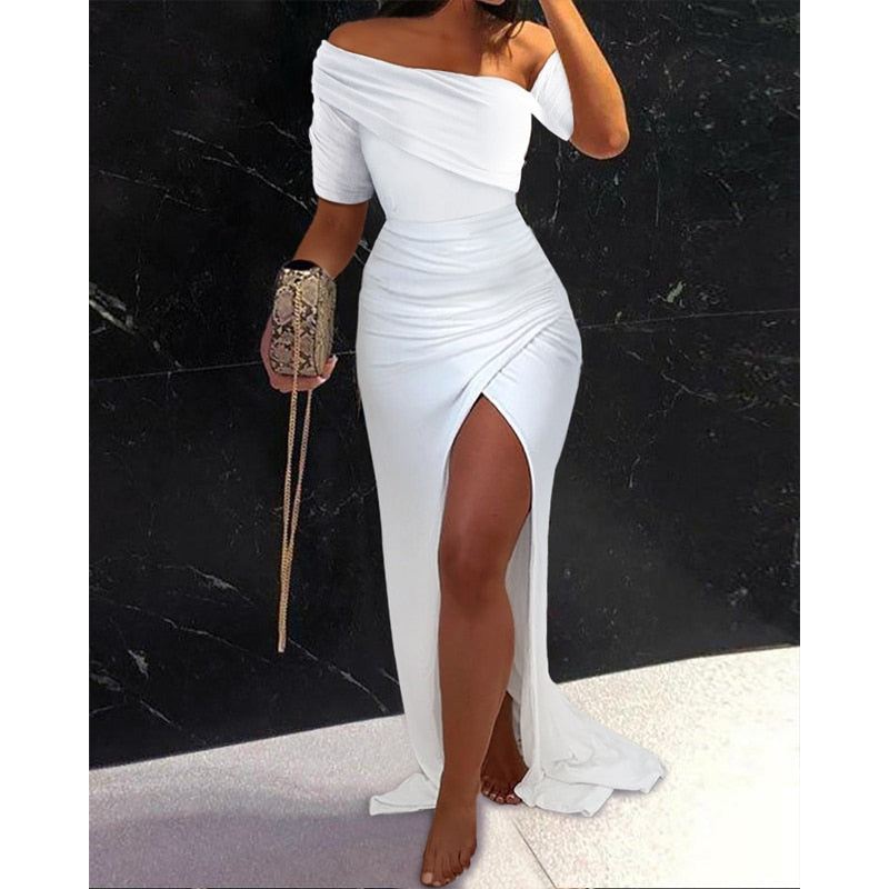 sixsr Women Clothing Asymmetric Collar High Waist Robe Slit Dress Chic Solid Short Sleeve Elegant Fashion Prom Banquet Dress New