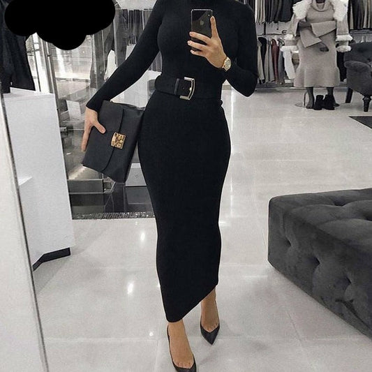 Sixsr Turtleneck Long Dress Autumn Winter Muslim Elegant Office Lady Skinny Long Sleeve Bodycon Casual Dress Women Midi Clubwear GV464