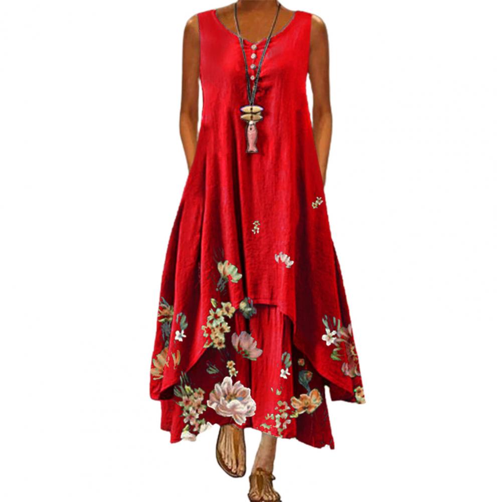 Sixsr Summer Dress Plus Size Floral Print Irregular Hem Women Buttons Round Neck Dress Women's Clothing Sleeveless Beach Maxi Dresses