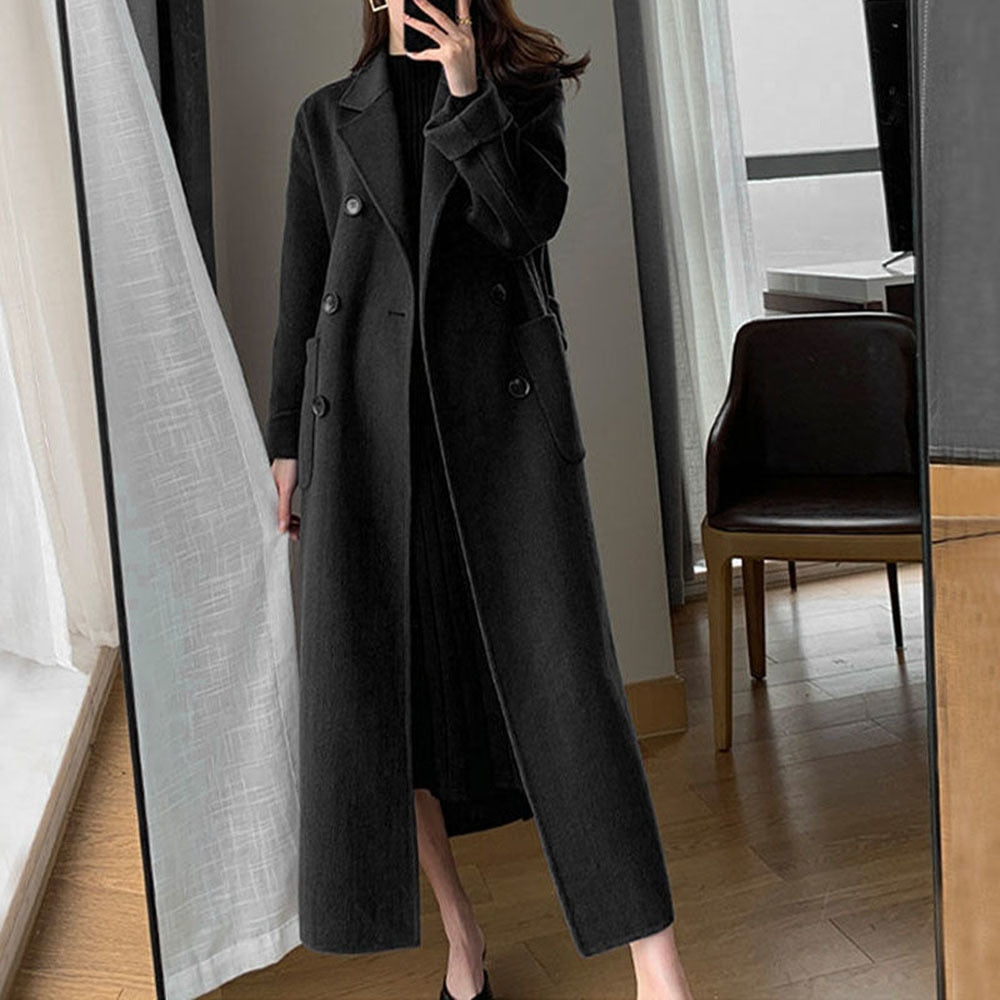 Sixsr Selling Women Spring Autumn Coat Fashion Warm Outerwear Woolen Blends Female Long Elegant Double Breasted Solid Woolen Coat