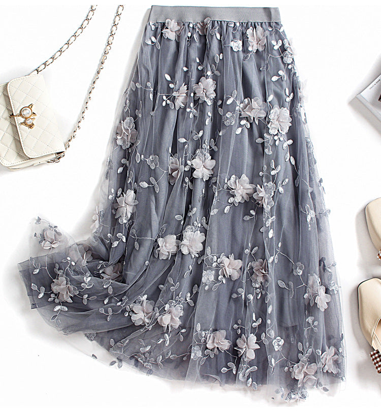 sixsr Luxury Woman Skirts Korean style Fashion Elastic Waist Appliques Embroidery Floral Mesh Skirt Long Gauze Ball Gown Skirt