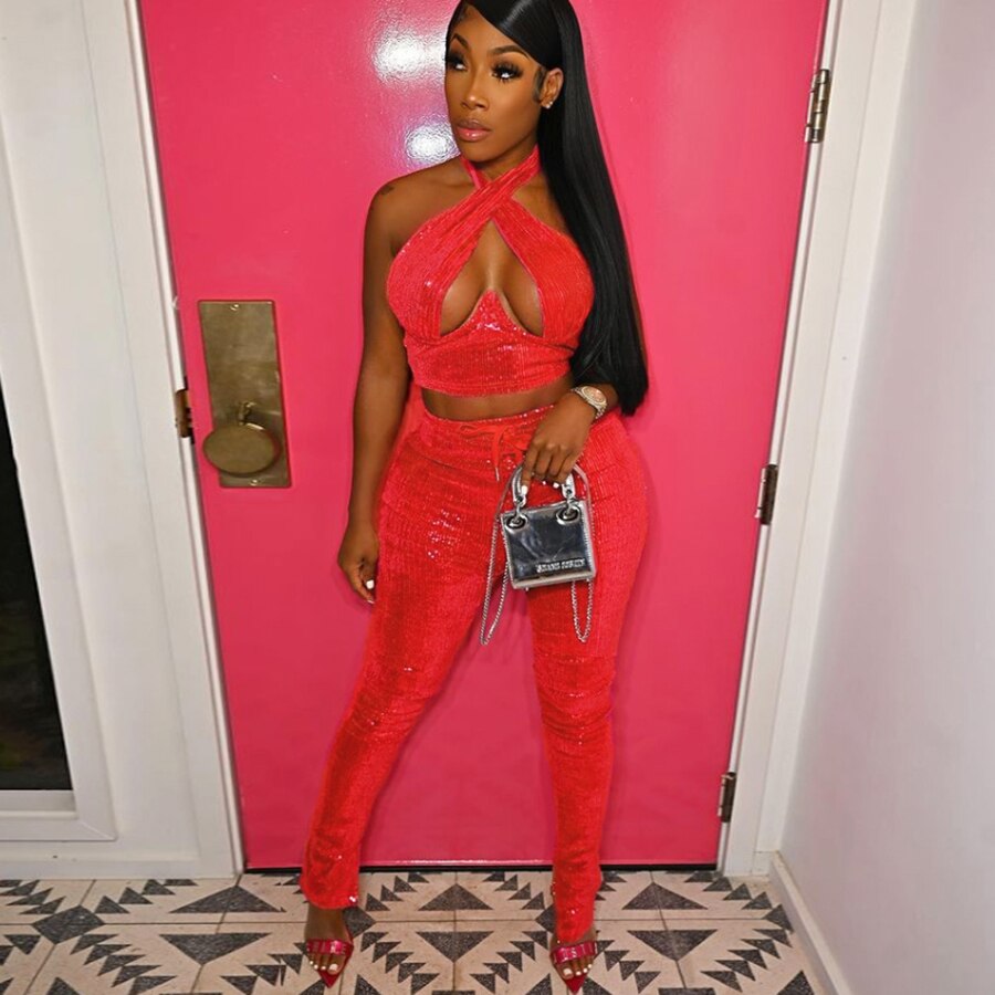 sixsr Sexy Bright Women 2-Piece Suits Criss Cross Halter Camisole Tops+Skinny Split Pants Sportswear Female Night Clubwear