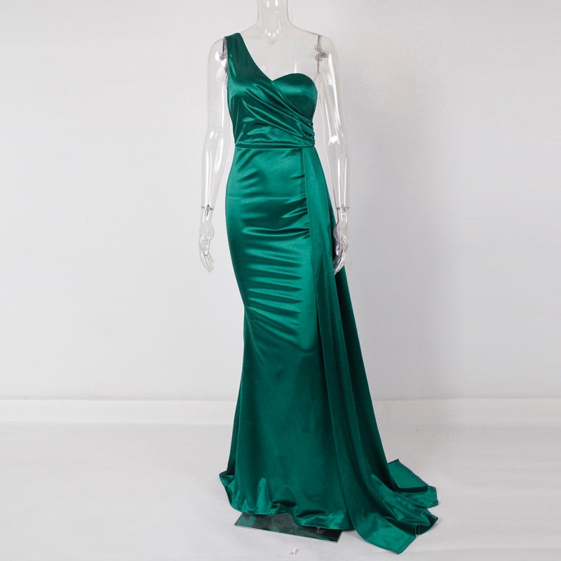 sixsr One Shoulder Padded Sexy Satin Maxi Dress Women's Evening Party Dress Gown with Ribbon Royal Blue Green Draped Long Dress