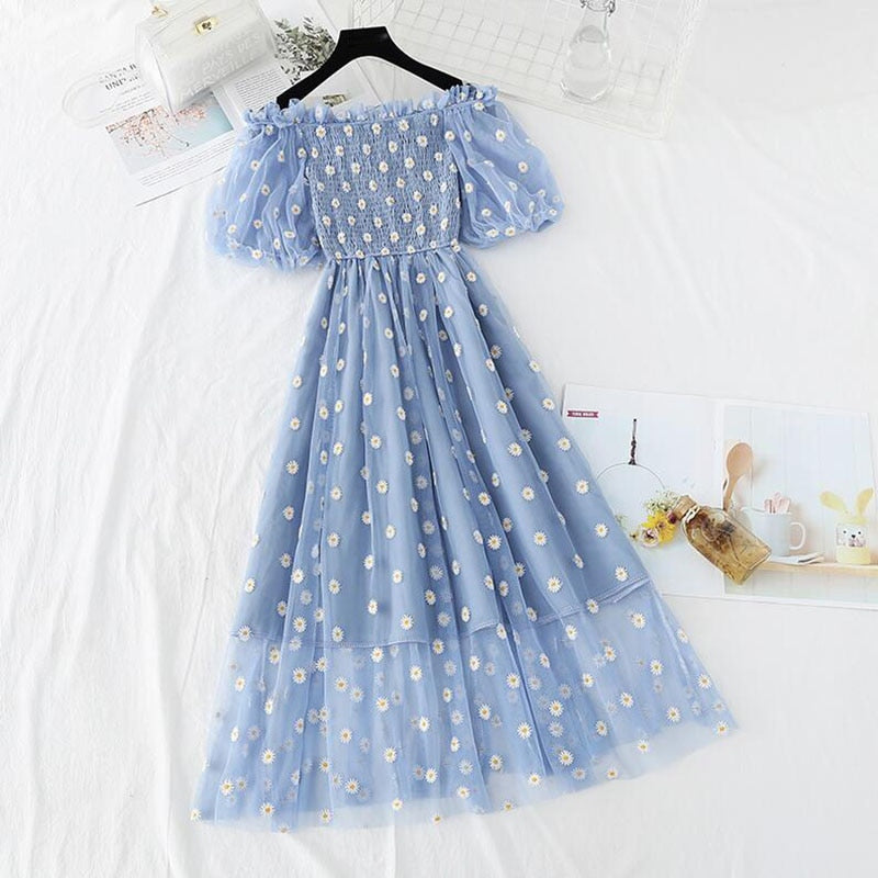 Sixsr small daisies embroidery mesh dresses women sexy off the shoulder french vintage party ruffle dresses elegant vestidos