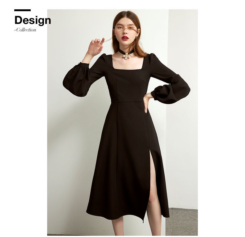Sixsr Black Retro Split Dress Women Elegant Midi Designer Dress Female Long Sleeve Hepburn Style Chiffon Vintage Dress Fall Women
