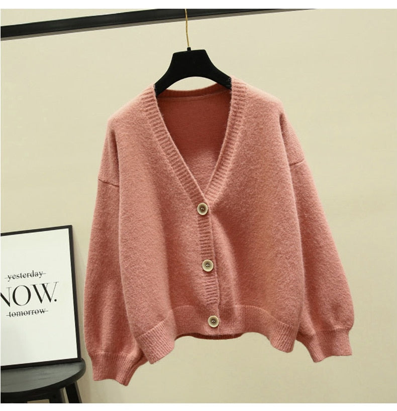 Sixsr Oversized Cardigan Women Spring Casual Solid V Neck Long Sleeve Cardigan Sweater Female Knit Jacket Coat Green Pink
