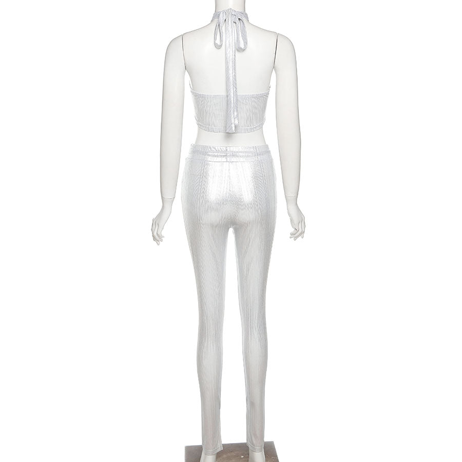 sixsr Sexy Bright Women 2-Piece Suits Criss Cross Halter Camisole Tops+Skinny Split Pants Sportswear Female Night Clubwear