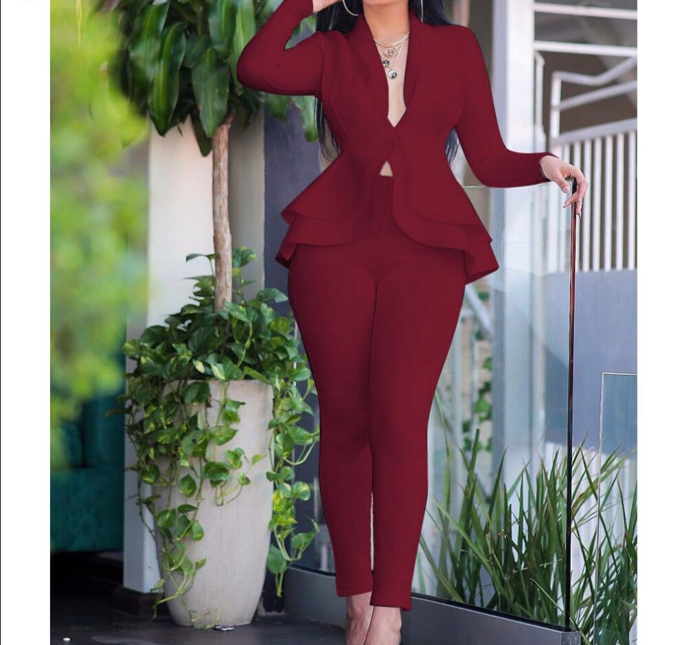 Sixsr high quality Sexy Business Suits For Women Solid Black White Office Ladies 2 Piece Sets Scallop Design Elegant Women Suit Coat & Pants Set