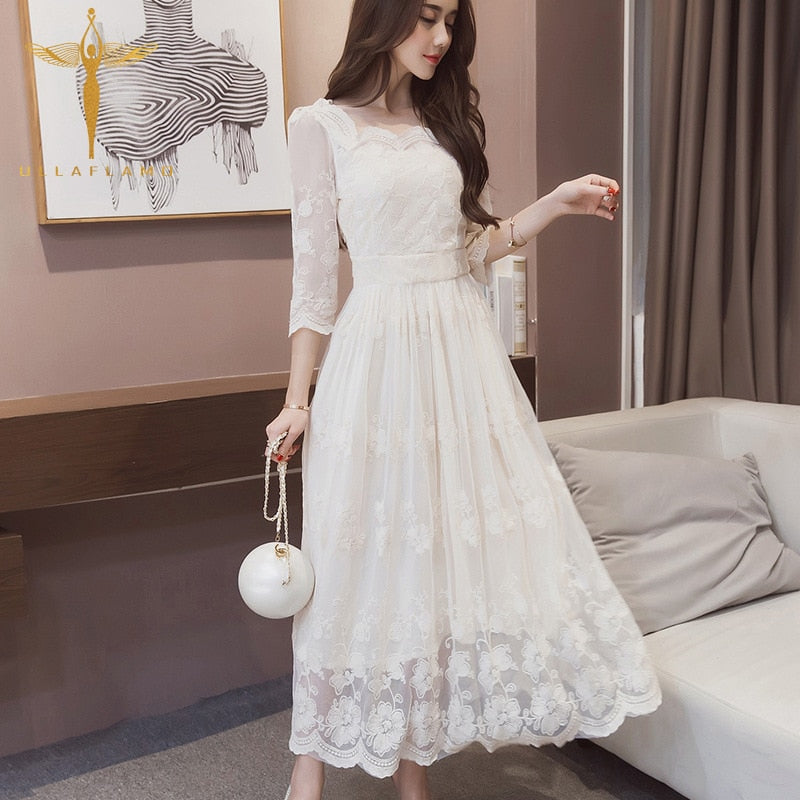 sixsr Fashion Trends Sexy Lace Ruffled Hollow Out See Through Evening Party Dress Elegant Temperament Mesh Solid Nightclub Splice Robes Vestidos