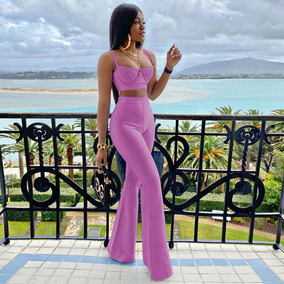 sixsr Set 2 Pieces Strap Sleeveless Bustiers And Long Bell-Bottoms Trousers Sexy Celebrity Party Sheath Vestidos Dobanmbd