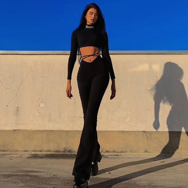 sixsr Fashion Trends Cyber Y2k Flare Pants E Girl Style Sexy Strechy Trousers Women Lace Up V Waist Low Rise Harajuku Black Pants C85-BB22