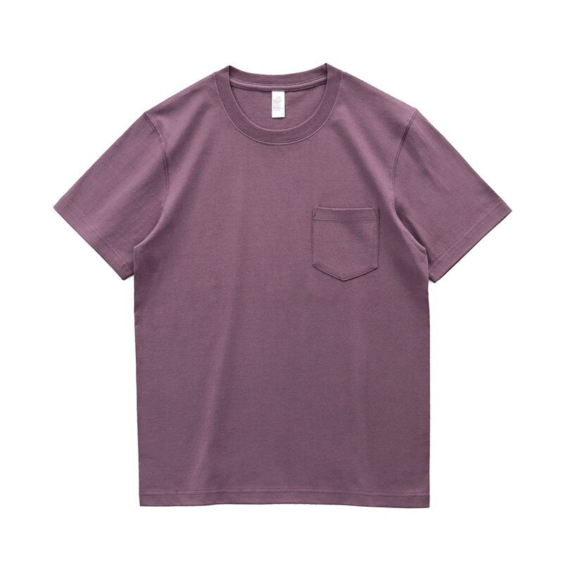 Sixsr 260g Heavy Weight Men's T-Shirt Summer Retro Simple Handsome Chic Casual Soft Solid Color Cotton Pocket Short Sleeve O-Neck Tees