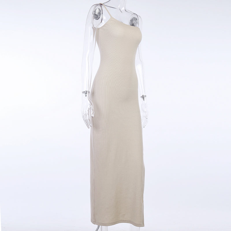 sixsr Summer Outfits Side Split Dress Women Sexy Sleeveless Solid Knitted Ankle-Length Party Dress Slim Elastics Off Shoulder Dress Cotton