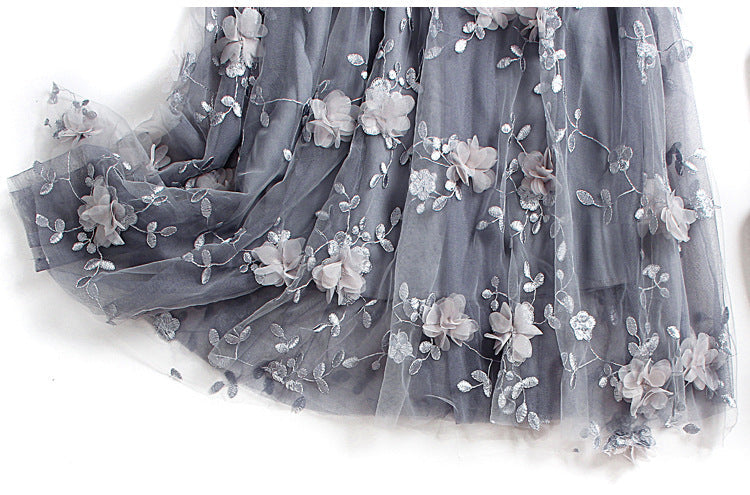 sixsr Luxury Woman Skirts Korean style Fashion Elastic Waist Appliques Embroidery Floral Mesh Skirt Long Gauze Ball Gown Skirt