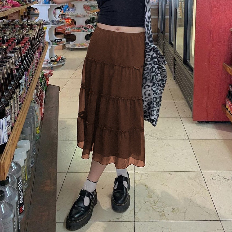 Sixsr Autumn Fairy Grunge Long Tulle Skirts Women Kawaii Plaid Black Skirt Harajuku Low waisted Skirt Korean Fashion