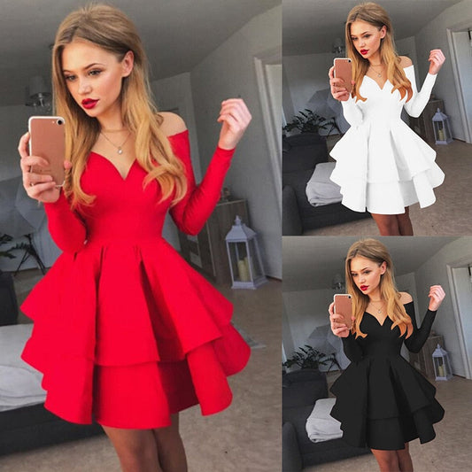 Sixsr Spring Autumn Women Solid Long Sleeve Sexy Clubwear V-neck Off Shoulder Evening Party Dress Red Dresses For Woman Plus Size