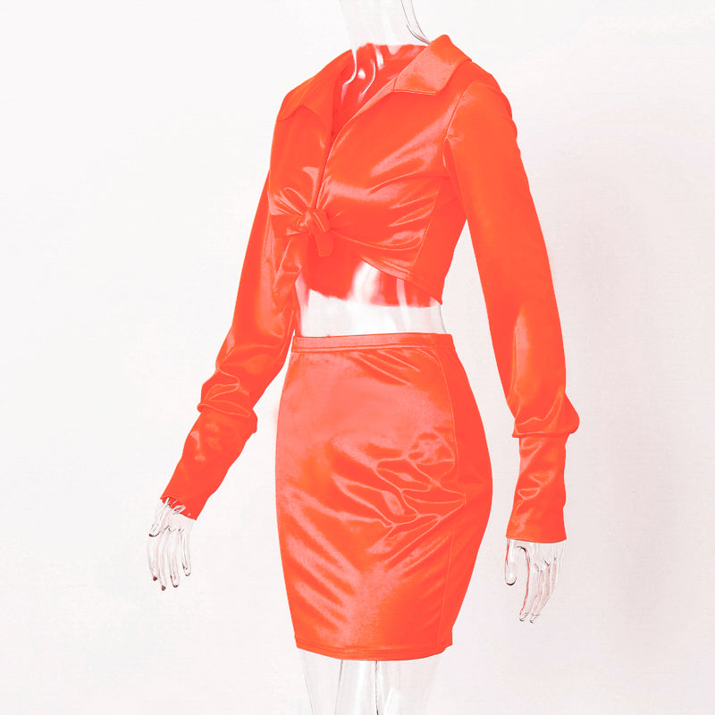 Sixsr Women Silky Satin 2 Two Piece Set Lace Up Long Sleeve Crop Top Skirt Autumn Winter Clothes Fashion Sexy Outfits
