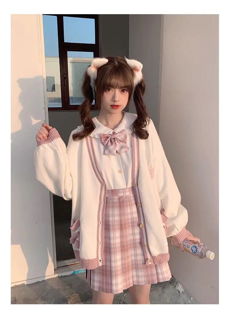 Sixsr  Spring Japanese Kawaii Fashion Pink Cardigan Women Harajuku Knitted Sweater Cute Bow Heart Korean College Style JK Uniform Coat