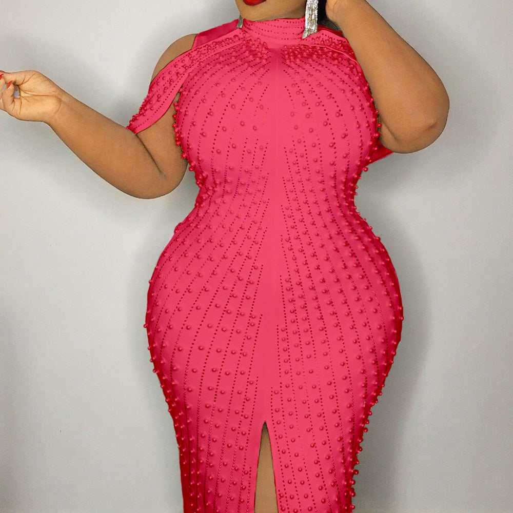 sixsr Beading White Plus Size Bodycon Dress 5xl Sexy Party Dinner Club Midi Dresses Elegant Split Female Evening Vestidos Summer