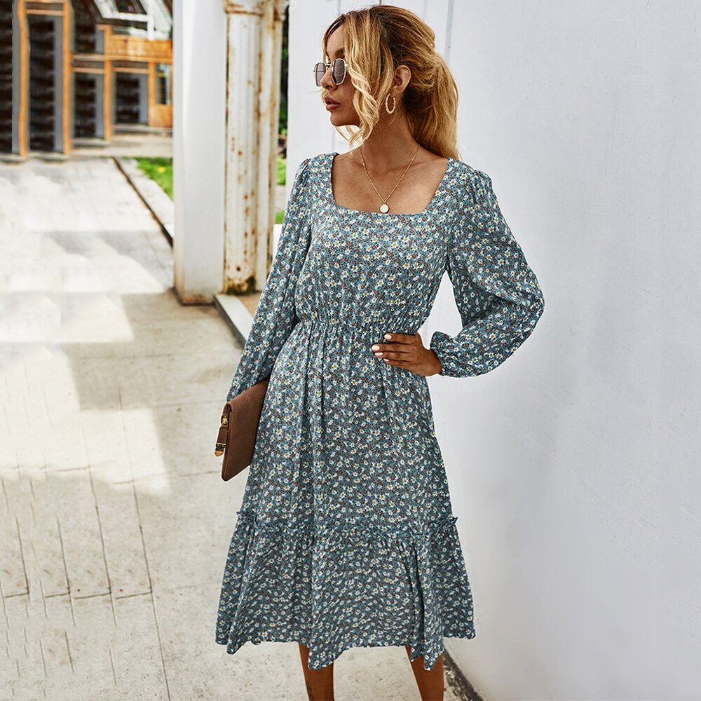 sixsr Women Long Dress Autumn Winter Long Sleeve Elegant Ladies Flower Square Collar Dresses Party Black Clothes For Woman